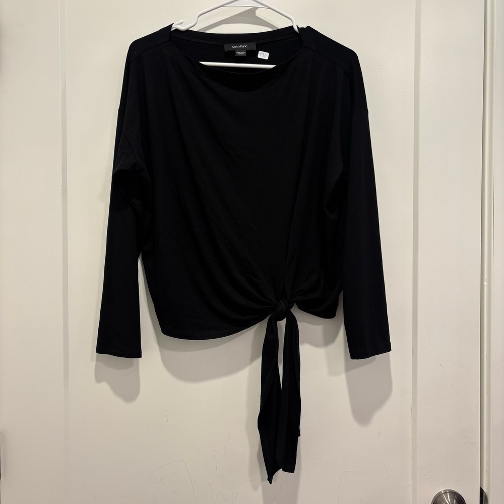 Karen Kane Black Side Tie Knot Long Sleeve Top Boat‎ Neck Petite XSP